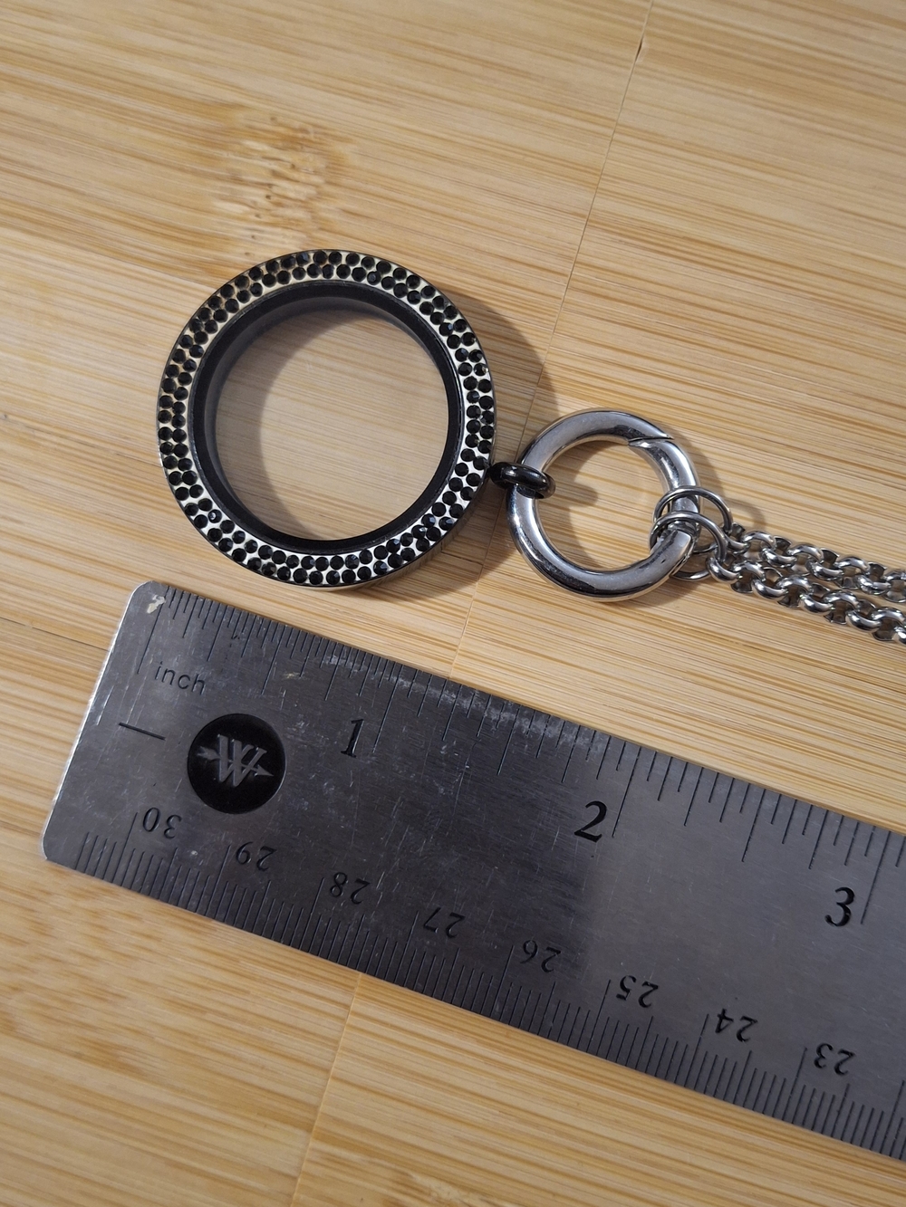 XL Black Rhinestone Floating Locket And Silvertone Chain